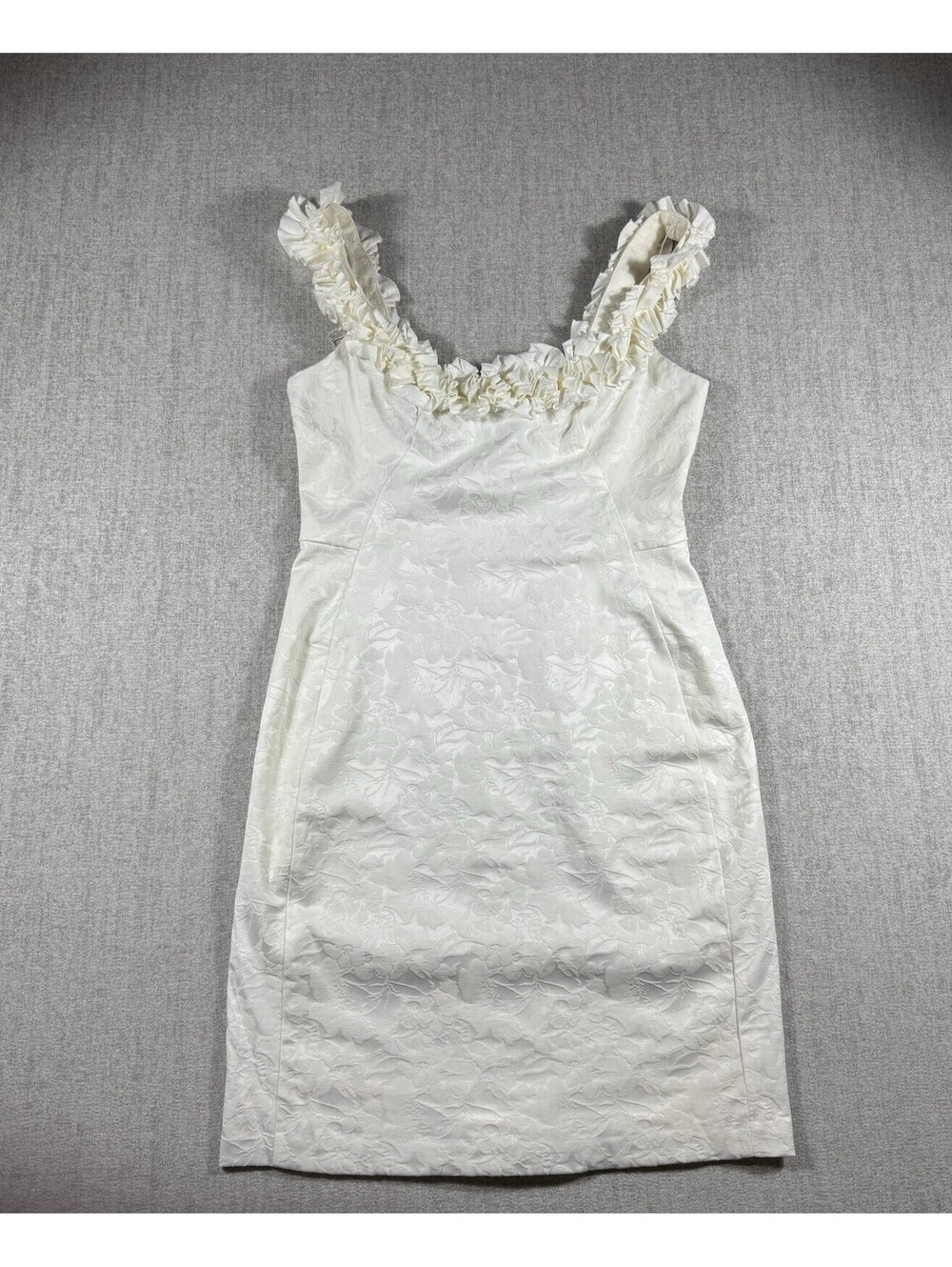 Maggie L Dress Size 12 Ivory Floral Jacquard Ruffle Sheath Cocktail Wedding